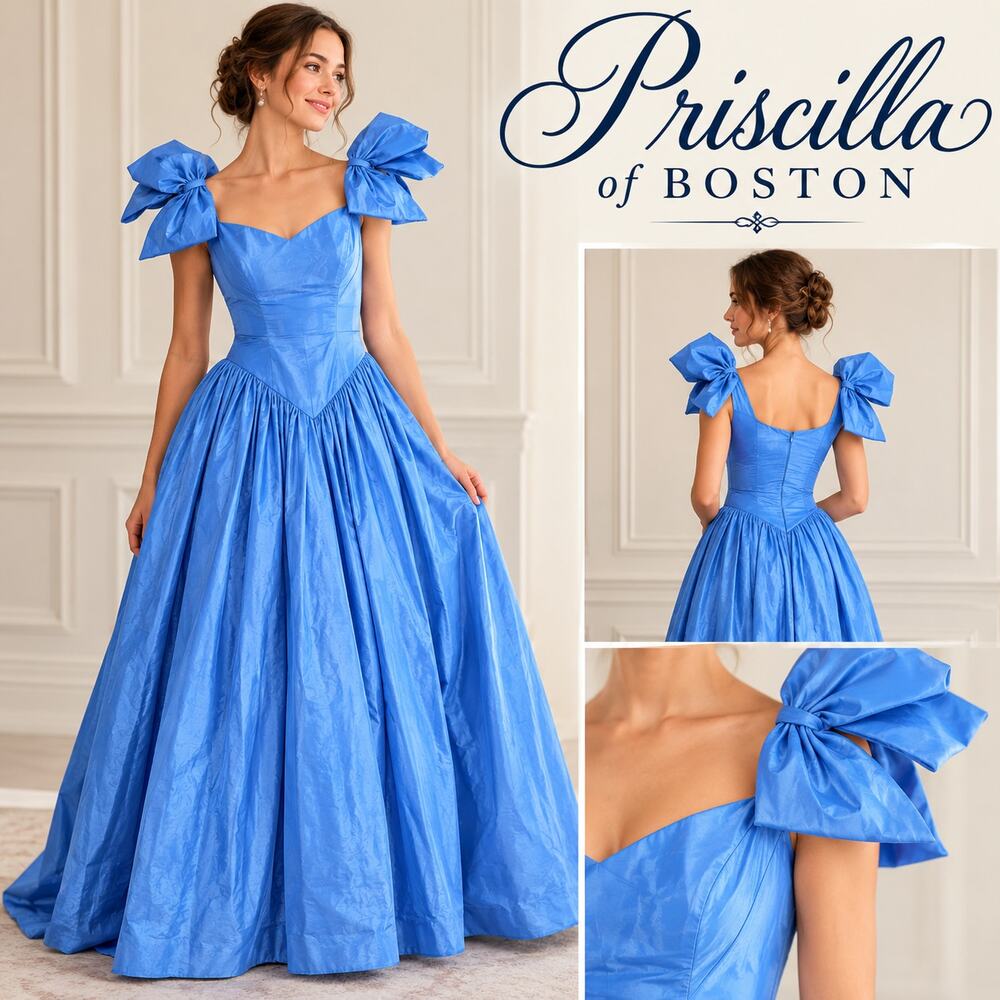 Priscilla of Boston Vintage 80s Blue Bow Shoulder Formal Ball Gown